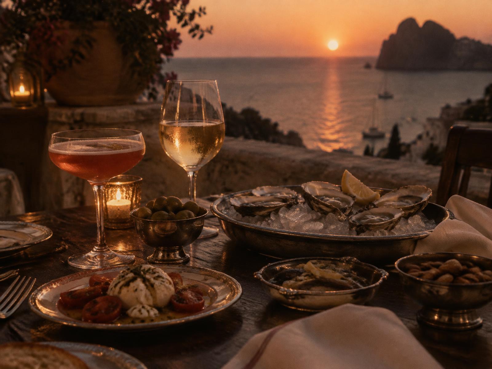 Aperitivo overlooking the Ibiza sea at sunset
